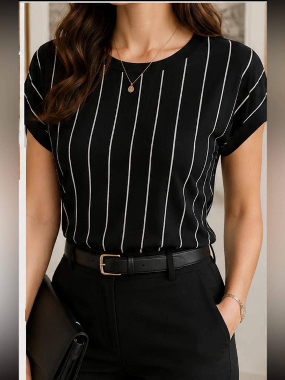 Cyrus Knit Black Short-Sleeve Knit Pinstripe Crewneck Top Size Small